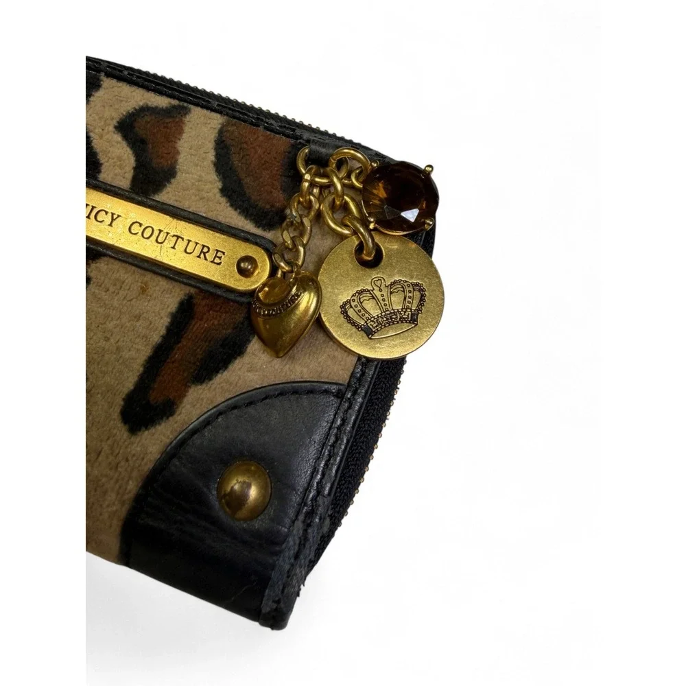 Juicy Couture Leopard Print Zip Around Wallet Y2K Velour Tassel Gold Charms